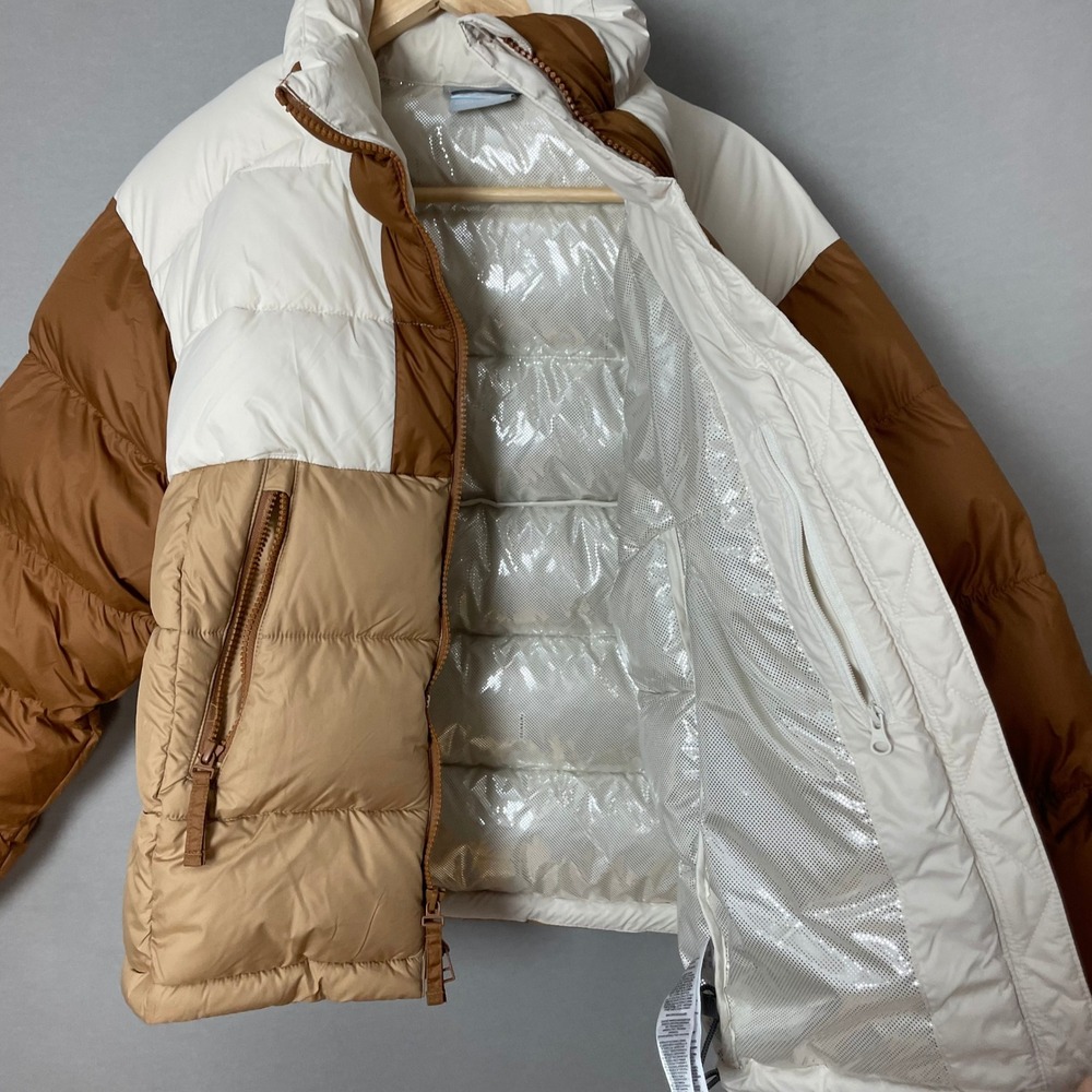 Columbia Pike Lake II Cropped Insulated Jacket Omni-Heat Puffer Coat Brown White - Picture 15 of 16